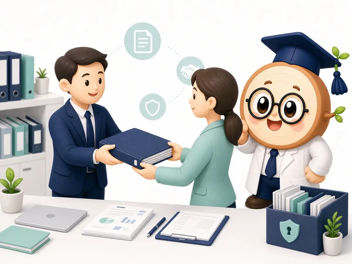 직원이 문서박사와 함께 새 담당자에게 업무 기록을 인수인계하는 모습