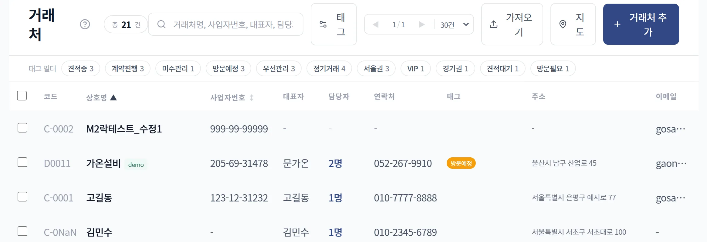 거래처 상세에서 담당자와 활동 이력을 함께 보는 화면